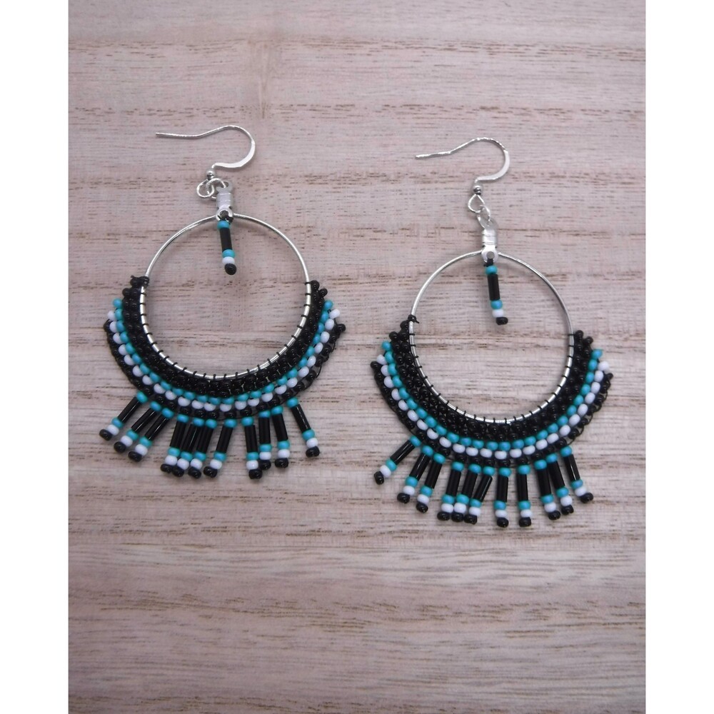 Earrings Beaded Black, Teal & White